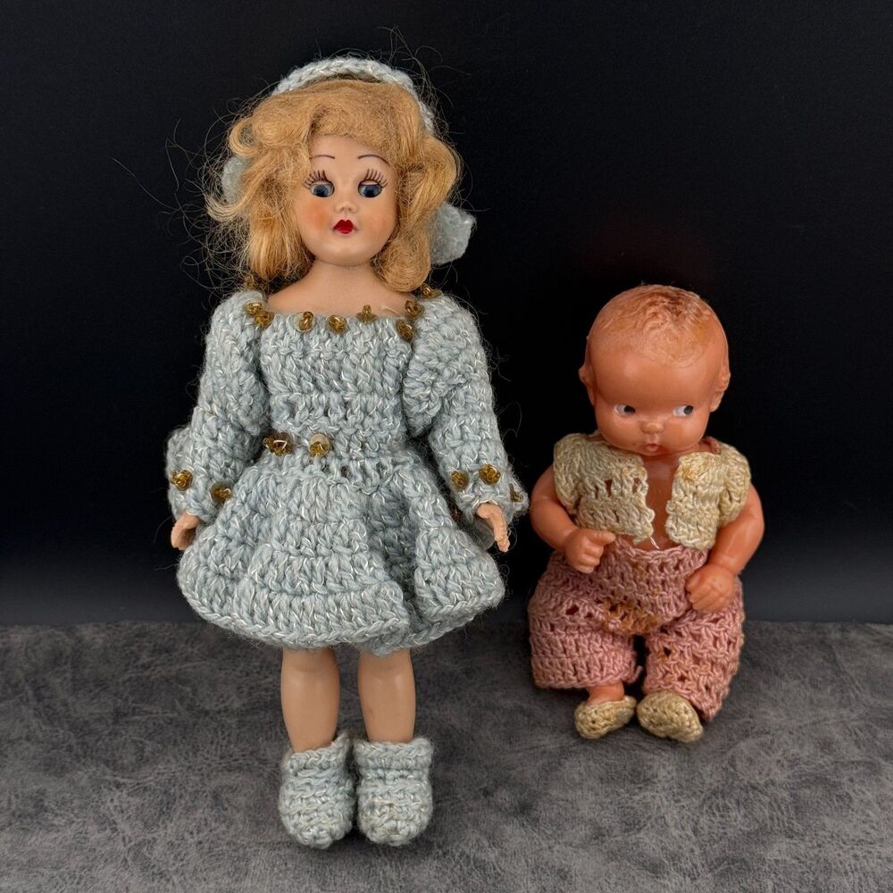 Two (2) Vintage Dolls 7" Girl and 5" Baby Hand Crocheted Dress Clothes AS IS